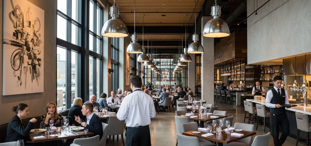 Modern restaurant with high ceiling